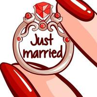 due dita con unghie rosse che tengono un anello di fidanzamento. gioielli di diamanti con argento e il testo appena sposati per le coppie. arte concettuale di nozze per la luna di miele. vettore