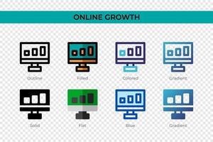 icona di crescita online in stile diverso. icone vettoriali di crescita online progettate in stile contorno, solido, colorato, pieno, sfumato e piatto. simbolo, illustrazione del logo. illustrazione vettoriale