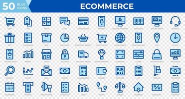 set di 50 icone web di e-commerce in stile linea blu. carta di credito, profitto, fattura. collezione di icone di contorno. illustrazione vettoriale