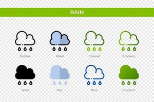 icona della pioggia in uno stile diverso. icone vettoriali pioggia progettate in stile contorno, solido, colorato, pieno, sfumato e piatto. simbolo, illustrazione del logo. illustrazione vettoriale
