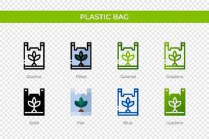 icona del sacchetto di plastica in stile diverso. icone vettoriali per sacchetti di plastica progettate in stile contorno, solido, colorato, pieno, sfumato e piatto. simbolo, illustrazione del logo. illustrazione vettoriale