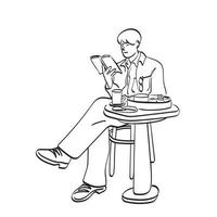 line art uomo che legge il libro e mangia cibo sul tavolo illustrazione vettoriale disegnato a mano isolato su sfondo bianco