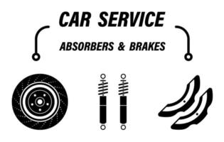 infografica, servizio di riparazione auto. ammortizzatore automobilistico. dischi e pastiglie dei freni. sicurezza di guida. set di icone vettoriali