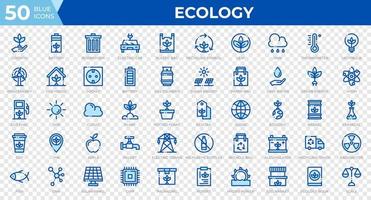 set di 50 icone web di ecologia in stile linea blu. riciclaggio, biologia, energie rinnovabili. collezione di icone di contorno. illustrazione vettoriale