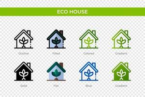 icona della casa ecologica in stile diverso. icone vettoriali di casa ecologica progettate in stile contorno, solido, colorato, pieno, sfumato e piatto. simbolo, illustrazione del logo. illustrazione vettoriale