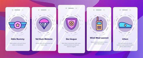le icone degli elementi di onboarding dell'esercito dell'esercito impostano il vettore