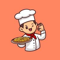 carino chef con pizza cartone animato icona vettore illustrazione. persone cibo icona concetto isolato premium vettore. stile cartone animato piatto