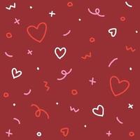 carino san valentino astratto coriandoli cospargere scintillio brillare forma forma piccolo pois linea contorno mini cuore astratto rosa rosso colore colorato pastello senza cuciture modello sfondo rosso vettore