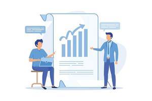 relazione finanziaria aziendale. personaggi dei cartoni animati di imprenditori che scrivono business plan, analizzano dati e statistiche. grafica, informazione, ricerca. illustrazione vettoriale