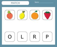 trova la prima lettera dei frutti e connetti. gioco educativo per bambini. vettore