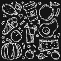 set di icone sul tema del cibo. vettore di cibo. vettore di doodle con icone di cibo in bianco e nero. vettore libero