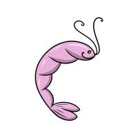 vita marina, simpatico gambero rosa con un sorriso, illustrazione vettoriale in stile cartone animato su sfondo bianco