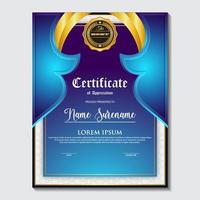 modello di certificato di colore blu e oro. certificato di conseguimento con badge d'oro vettore