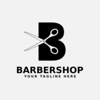 logo del barbiere con la lettera b e l'icona delle forbici vettore