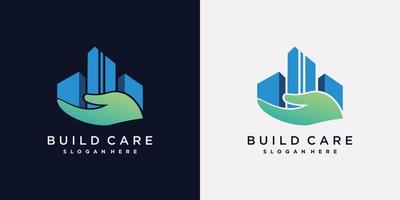 modello di progettazione del logo dell'edificio per la costruzione di sicurezza con la mano e il concetto creativo vettore