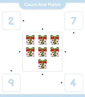 conta e abbina, conta il numero di confezioni regalo e abbina i numeri giusti. gioco educativo per bambini, foglio di lavoro stampabile, illustrazione vettoriale