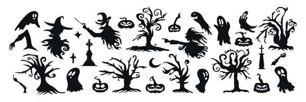 set di icone e caratteri della siluetta di halloween. illustrazione vettoriale di halloween isolata su sfondo bianco