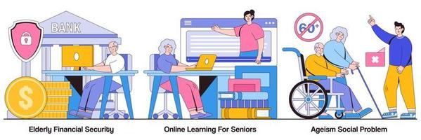 pacchetto illustrato per la sicurezza finanziaria degli anziani, l'apprendimento online per gli anziani e il problema sociale dell'età vettore