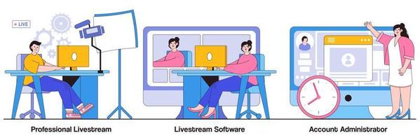 livestream professionale, concetto di amministratore di software e account con persone minuscole. set di illustrazioni vettoriali per eventi live online. servizio di trasmissione, stream manager, andare in diretta in metafora in tempo reale