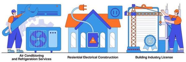servizi di condizionamento e refrigerazione, edilizia elettrica residenziale, pacchetto illustrato licenza edilizia vettore