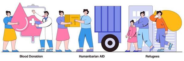 pacchetto illustrato donazione di sangue, aiuti umanitari e rifugiati vettore