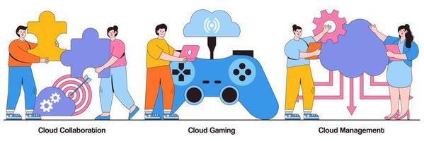 pacchetto illustrato di collaborazione, gioco e gestione cloud vettore