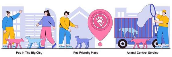 pacchetto illustrato per animali domestici nella grande città, luogo dog-friendly e servizio di controllo degli animali vettore