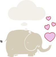 simpatico cartone animato elefante con cuori d'amore e bolla di pensiero in stile retrò vettore