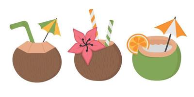 un set di cocktail al cocco con una cannuccia. clipart di doodle piatto. tutti gli oggetti vengono ridipinti. vettore