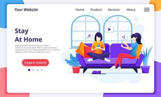 donne sul divano usando i dispositivi a casa landing page vettore