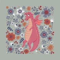 drago in piedi nel disegno di carta di fiori vettore