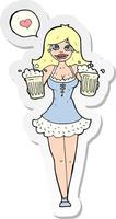 adesivo di una donna cartone animato che serve birra vettore