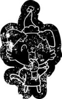icona angosciata del fumetto di un cane ansimante che indossa il cappello di Babbo Natale vettore