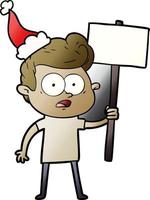 cartone animato sfumato di un uomo con lo sguardo fisso che indossa il cappello di Babbo Natale vettore