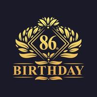 Logo di compleanno di 86 anni, celebrazione del 86° compleanno d'oro di lusso. vettore