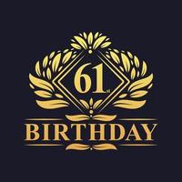 61 anni di logo di compleanno, celebrazione del 61° compleanno d'oro di lusso. vettore