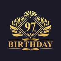 97 anni di logo di compleanno, celebrazione del 97esimo compleanno d'oro di lusso. vettore