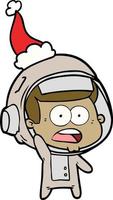 disegno a tratteggio di un astronauta sorpreso che indossa il cappello di Babbo Natale vettore