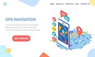 smartphone 3d isometrico con app di navigazione gps, tracciamento. cellulare con applicazione mappa vettore