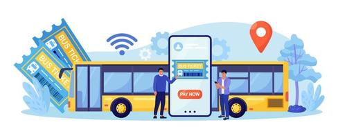 servizio internet per prenotare e acquistare il biglietto dell'autobus. concetto di viaggio e turismo. viaggio di pianificazione turistica online. passeggeri che acquistano i biglietti per l'autobus nell'app mobile vettore