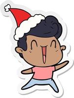 adesivo cartone animato di un uomo eccitato che indossa il cappello di Babbo Natale vettore