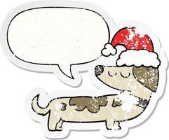 cartone animato cane che indossa cappello di Natale e fumetto adesivo angosciato vettore