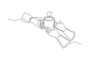 continua una linea di disegno a mano che dà una tazza di caffè in mano a un'altra persona. concetto di giornata internazionale del caffè. illustrazione grafica vettoriale di disegno a linea singola.