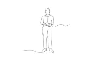un uomo d'affari di disegno a linea continua in piedi e con una tazza di caffè in mano. illustrazione grafica vettoriale di disegno a linea singola.