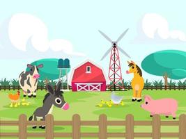 simpatici animali in ranch, fattoria e agricoltura. illustrazioni della vita del villaggio e design di oggetti per banner, layout, relazione annuale, web, volantini, brochure, annunci. vettore