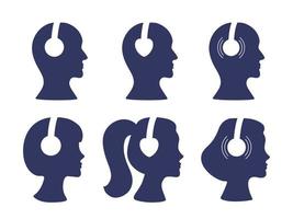 risposta del meridiano sensoriale autonomo, logo o icona asmr. profili della testa maschili e femminili impostati con cuffie a forma di cuore, godendo di suoni, sussurri o musica. illustrazione vettoriale stile linea piatta
