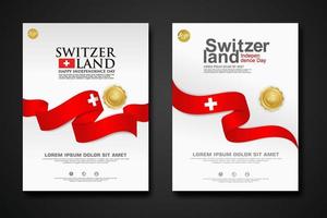 impostare poster design svizzera felice giorno dell'indipendenza modello di sfondo con elegante bandiera a forma di nastro, nastro cerchio d'oro. illustrazioni vettoriali