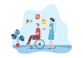 illustrazione piatta del fumetto disegnato a mano dei servizi di assistenza agli anziani con il caregiver, la casa di cura, la vita assistita e il design di supporto