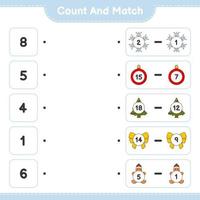 conta e abbina, conta il numero di fiocco di neve, nastro, albero, palla di Natale, omino di pan di zenzero e abbina con i numeri giusti. gioco educativo per bambini, foglio di lavoro stampabile, illustrazione vettoriale