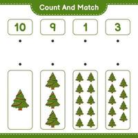 conta e abbina, conta il numero dell'albero di Natale e abbina i numeri giusti. gioco educativo per bambini, foglio di lavoro stampabile, illustrazione vettoriale